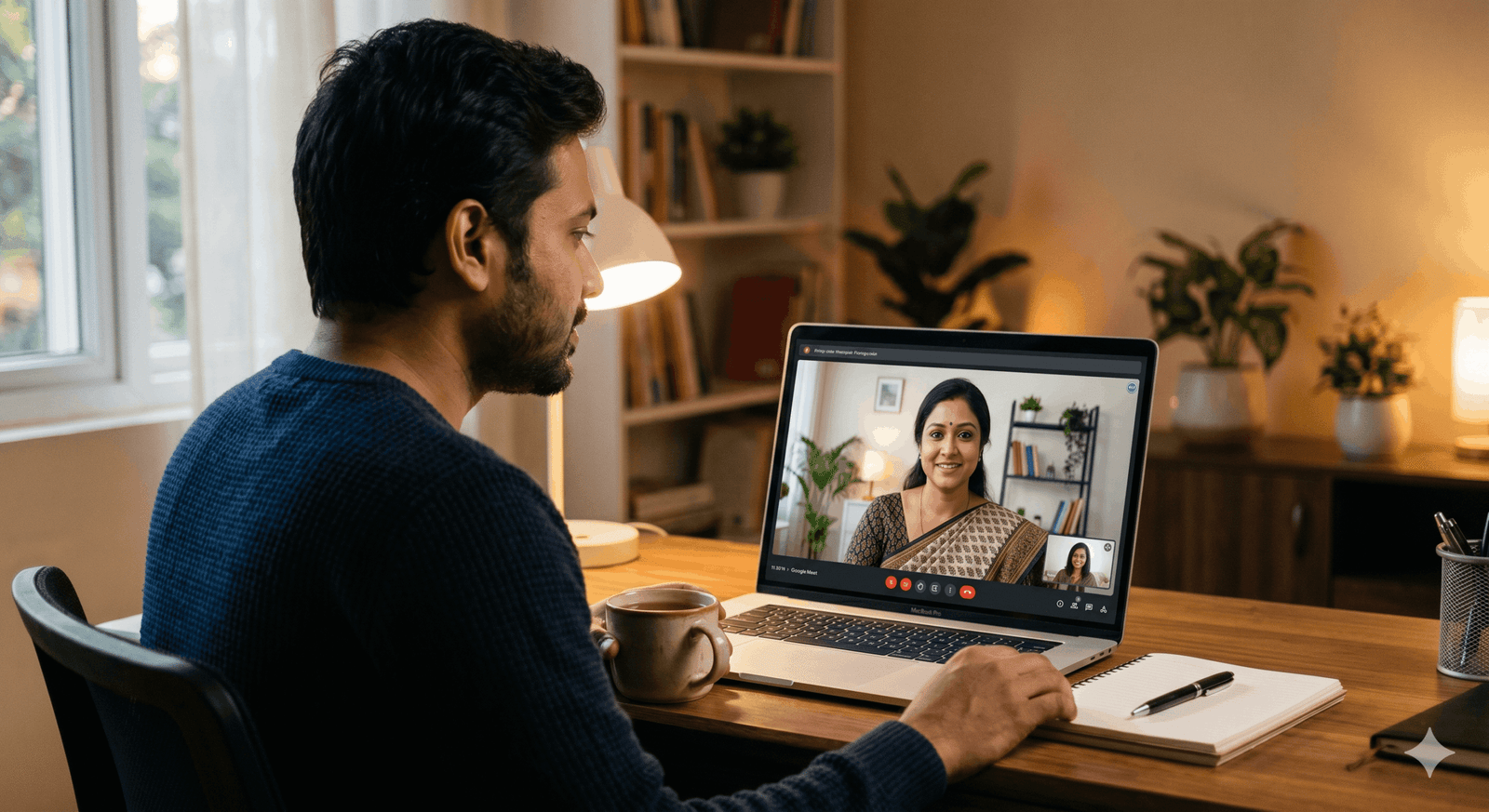 An expat participating in an online psychotherapy session with a Bengali Psychologist in Kuwait via video call on a MacBook.